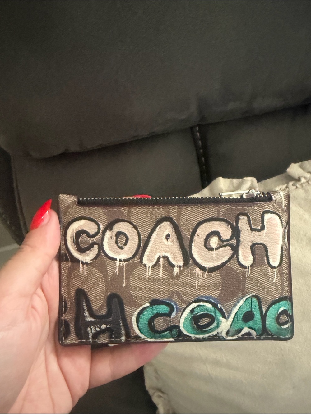 Coach Graffiti Signature Card Pouch in Brown and Turquoise
